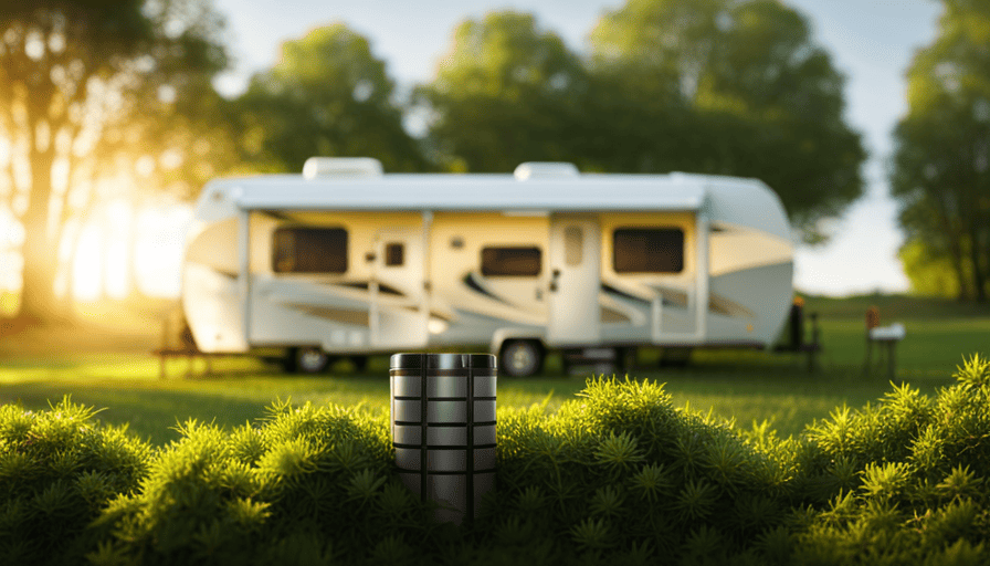 An image showcasing a camper battery in a serene outdoor setting, surrounded by lush greenery and bathed in warm sunlight