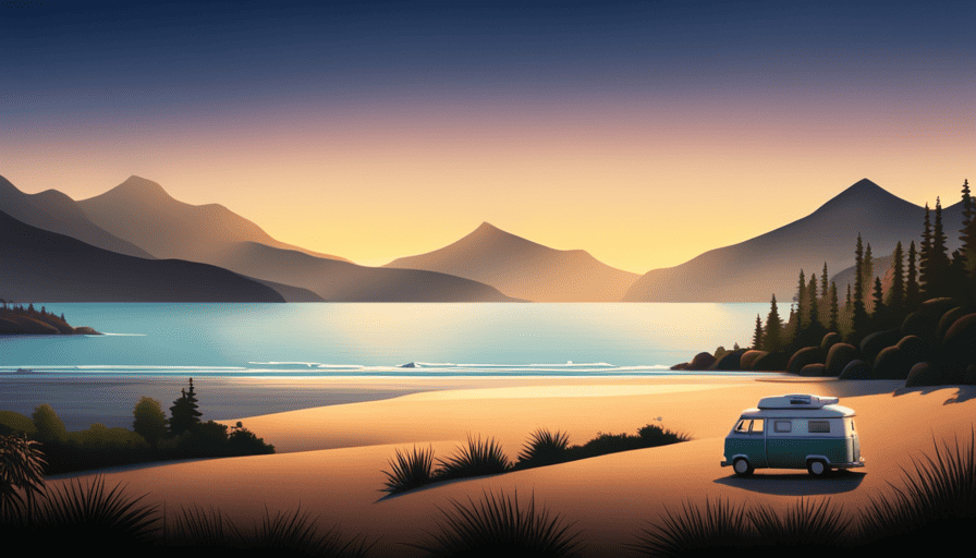 An image that showcases a scenic road trip with a camper van, driving through diverse landscapes, from coastal beaches to lush forests, along with a calendar icon subtly depicting a long-term finance plan