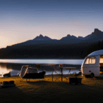 An image of a tranquil lakeside campsite at dusk, with a camper van surrounded by nature