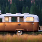 An image depicting a well-worn, vintage camper parked beneath towering pine trees, surrounded by a lush meadow