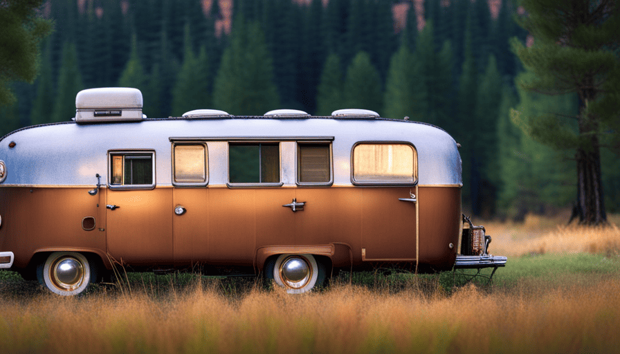 An image depicting a well-worn, vintage camper parked beneath towering pine trees, surrounded by a lush meadow