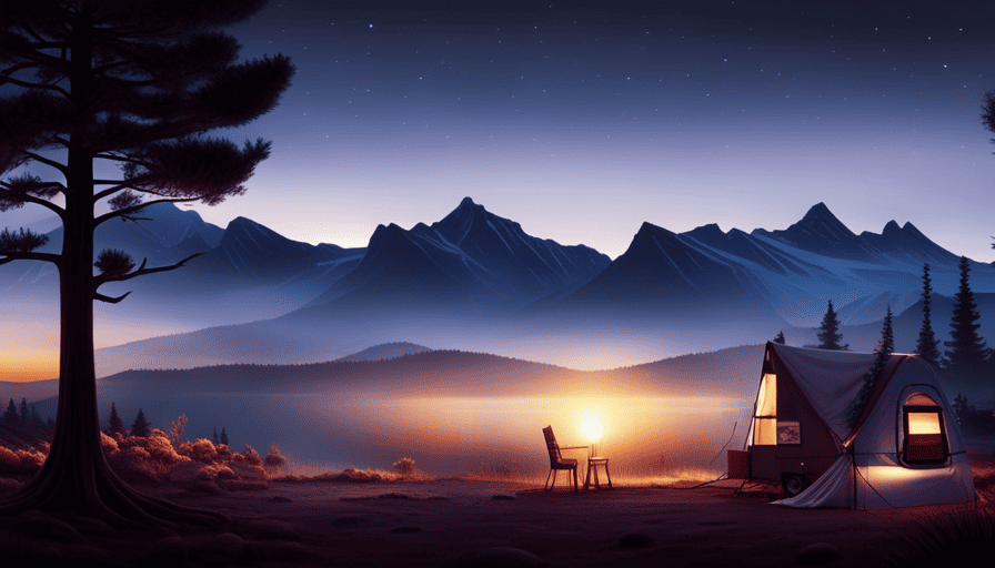 An image showcasing a serene campsite scene at dusk, with a camper parked amidst towering pine trees