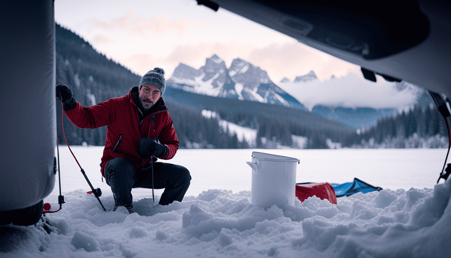 An image capturing the meticulous process of winterizing a camper: a person clad in thick gloves, draining water from pipes, flushing antifreeze, insulating windows, and covering the vehicle with a protective tarp against the snowy backdrop