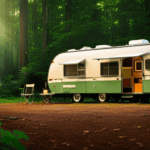 An image of a serene camper nestled in a lush forest, surrounded by towering trees