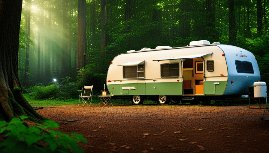 An image of a serene camper nestled in a lush forest, surrounded by towering trees