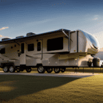 An image capturing the grandeur of a 5th wheel camper that stretches out like a luxurious mobile palace on wheels, its elongated structure adorned with sleek windows, multiple slide-outs, and a spacious rooftop deck, all showcasing its impressive length
