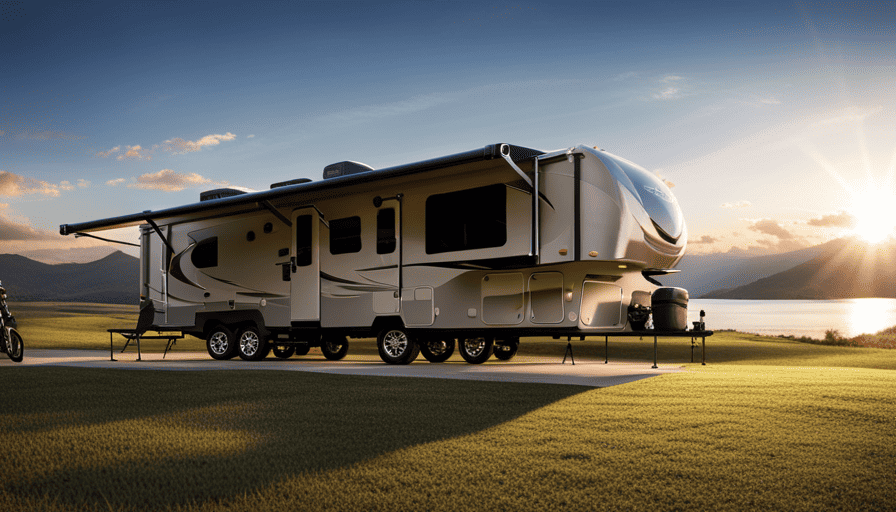 An image capturing the grandeur of a 5th wheel camper that stretches out like a luxurious mobile palace on wheels, its elongated structure adorned with sleek windows, multiple slide-outs, and a spacious rooftop deck, all showcasing its impressive length