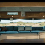 An image showcasing a spacious camper van, with an elevated roof providing ample headroom, large windows casting warm natural light on a cozy seating area, and a compact yet fully equipped kitchenette tucked neatly in the corner