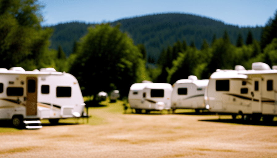 An image showcasing a sprawling campground, with vibrant, lush greenery and a lineup of campers of varied lengths, ranging from compact teardrop trailers to spacious motorhomes, highlighting the diverse sizes and dimensions of campers