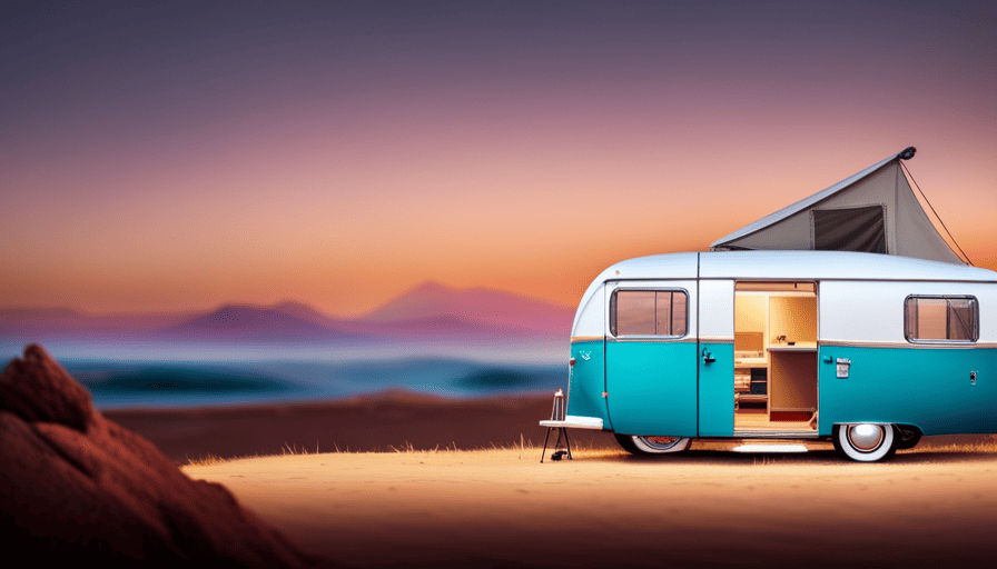 An image showcasing a vibrant pop-up camper against a stunning natural backdrop