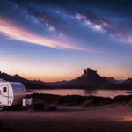 An image showcasing a camper parked in a serene wilderness setting, its air conditioning unit running smoothly