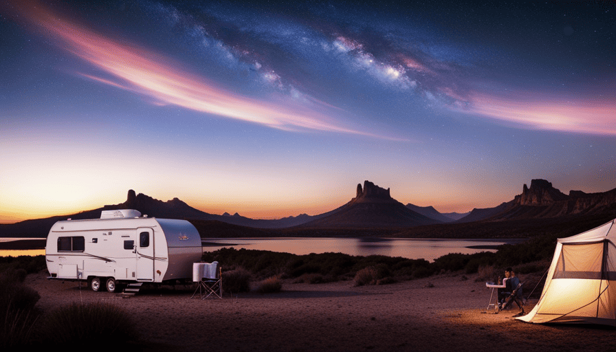 An image showcasing a camper parked in a serene wilderness setting, its air conditioning unit running smoothly