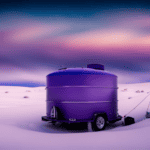 An image featuring a close-up of a camper's water tank being filled with gallons of vibrant purple antifreeze, as a winterizing process, showcasing the meticulous steps required to protect the camper during the cold season