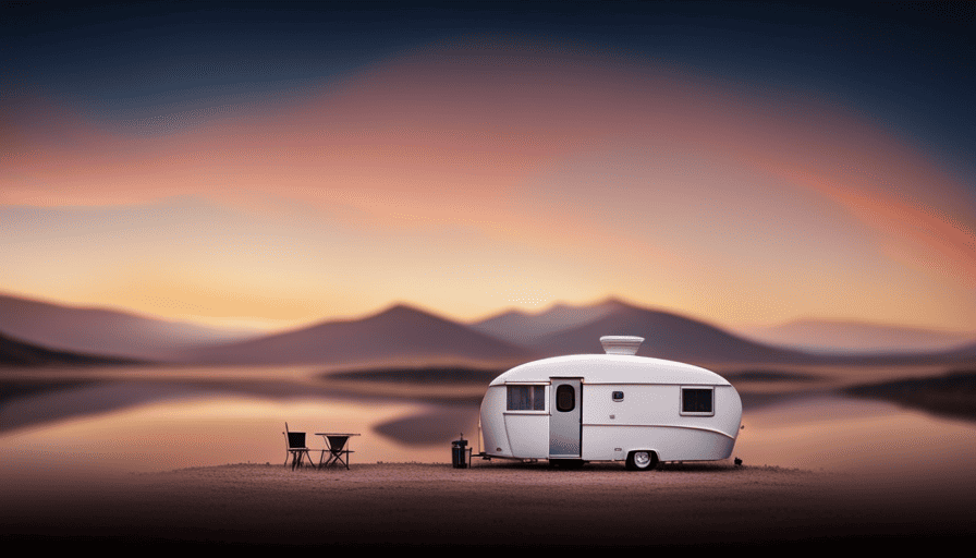 An image showcasing a sleek pop-up camper, prominently displaying its weight