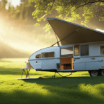 An image capturing a camper parked in a sun-drenched location, surrounded by lush greenery