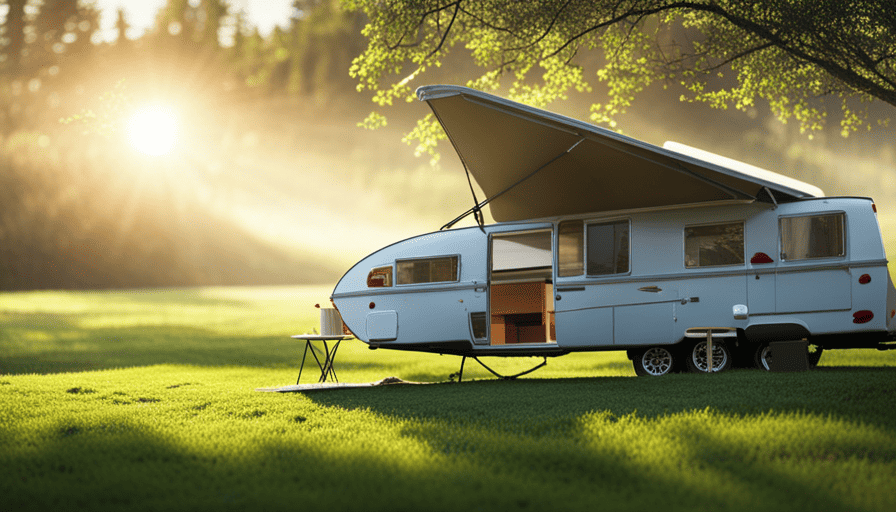 An image capturing a camper parked in a sun-drenched location, surrounded by lush greenery
