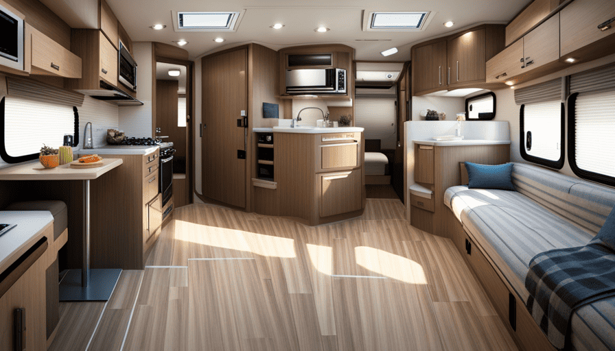 An image showcasing a spacious 28 ft camper, highlighting its dimensions