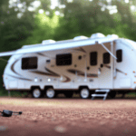 An image showcasing a spacious camper nestled in a serene camping spot, with a generator nearby