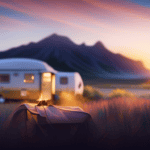 An image depicting a serene campsite scene with a camper hooked up to a power source, featuring a clearly visible AC unit emitting a cooling breeze, showcasing the efficient power consumption of the AC unit