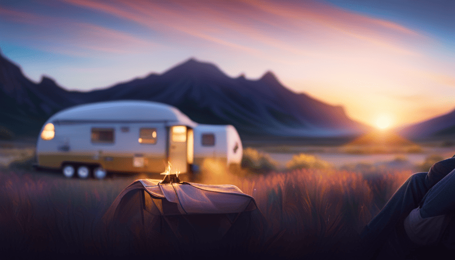 An image depicting a serene campsite scene with a camper hooked up to a power source, featuring a clearly visible AC unit emitting a cooling breeze, showcasing the efficient power consumption of the AC unit