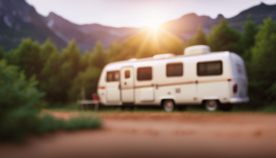 An image showcasing a camper van parked in a serene campsite, with the AC unit clearly visible on the roof