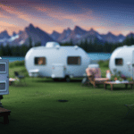 A visually striking image featuring a campsite with a camper, surrounded by electrical appliances such as a refrigerator, air conditioner, and lighting