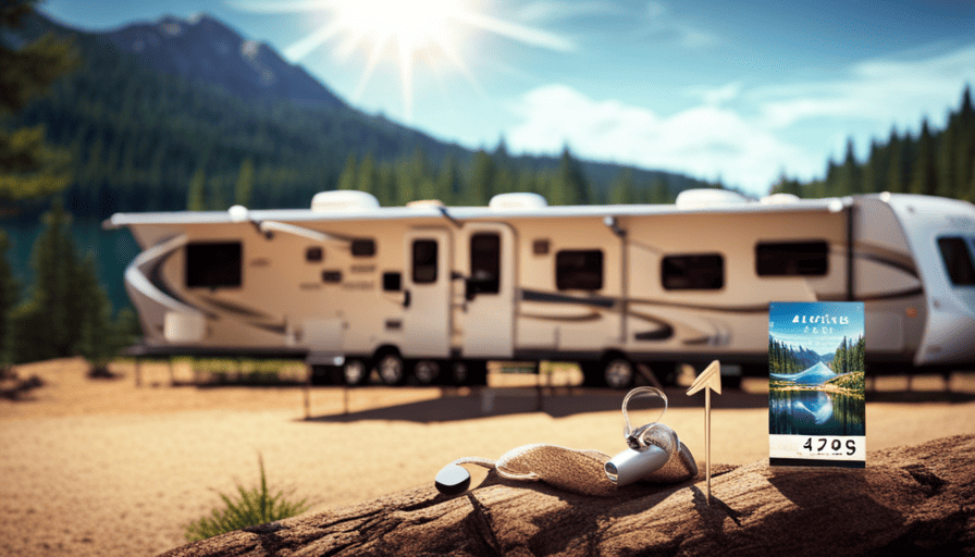 An image showcasing a sunny campground with a sleek camper parked next to a crystal-clear lake