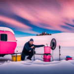 An image showcasing a winterized camper with a clear and crisp winter backdrop