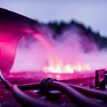 An image showcasing a clear, close-up view of a camper's water system, with vibrant pink antifreeze flowing through the pipes