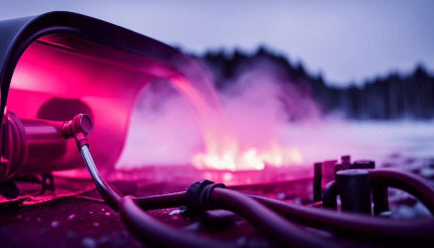An image showcasing a clear, close-up view of a camper's water system, with vibrant pink antifreeze flowing through the pipes