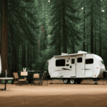 An image showcasing a picturesque campground, with a spacious and modern camper trailer nestled amidst towering trees