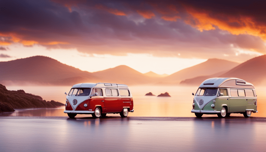 An image that captures the essence of camper vans, showcasing a vibrant array of models parked against a scenic backdrop