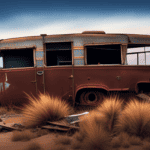 An image featuring a dilapidated camper resting on a tow truck, its faded exterior covered in rust and peeling paint