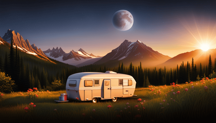 An image showcasing a picturesque landscape with a cozy camper nestled amidst the towering mountains, surrounded by lush greenery