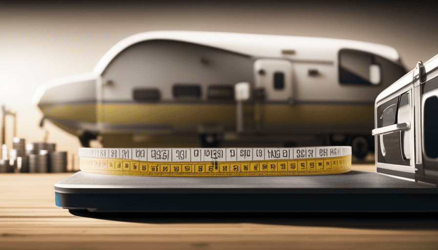 An image depicting a rugged camper trailer parked on a weighing scale, surrounded by a tape measure, weights, and a weight chart