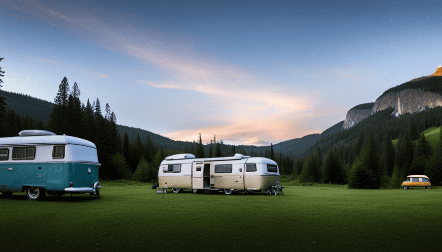 An image showcasing a variety of camper vans parked in a scenic campground amidst lush greenery