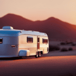An image showcasing a sturdy 15-foot camper, its sleek metallic frame reflecting the golden sunset
