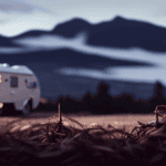 An image showcasing an 18 ft camper parked on a sturdy scale