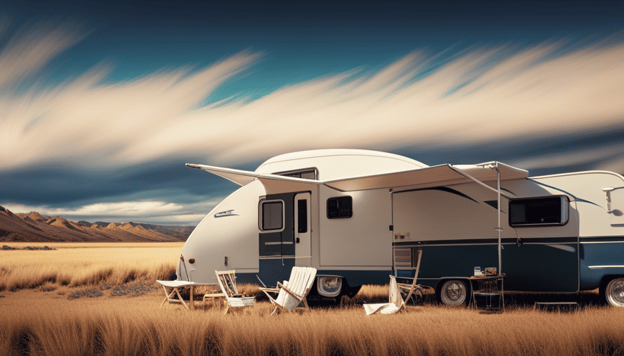 An image showcasing a 20ft camper in a serene outdoor setting