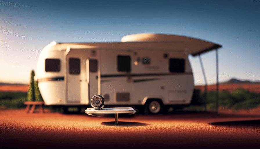 An image showcasing a sleek 24 ft camper parked on a sturdy weighing scale