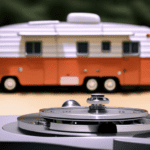 An image showcasing a 25 ft camper parked on a sturdy weighing scale, the scale's dial indicating the exact weight