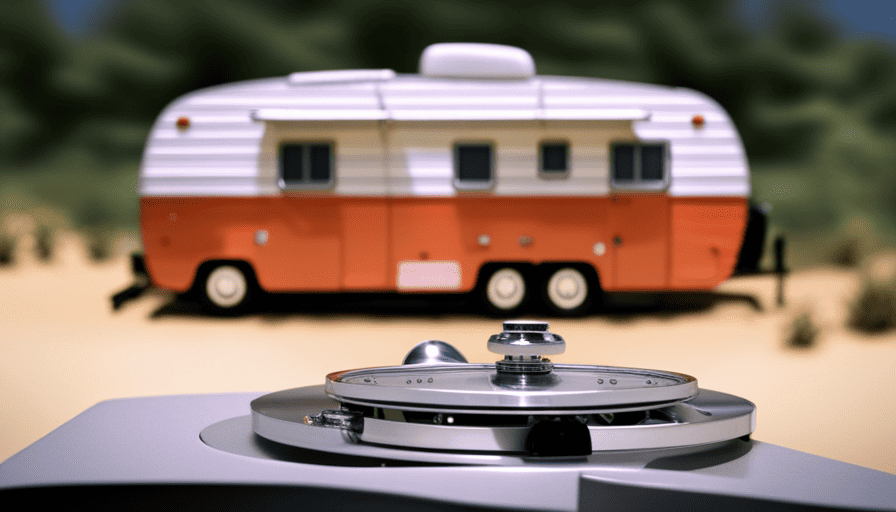 An image showcasing a 25 ft camper parked on a sturdy weighing scale, the scale's dial indicating the exact weight