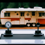 An image showcasing a 26-foot camper sitting on a weight scale, displaying its weight in pounds