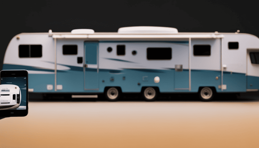 An image of a 27-foot camper surrounded by a weight scale, showcasing its massive size and weight