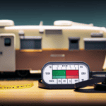 An image showcasing a 28 ft camper surrounded by a sturdy weighing scale and a tape measure