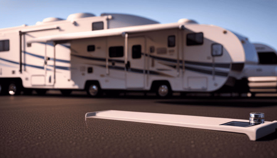 An image showcasing a 30-foot camper parked on a sturdy weighbridge, capturing its imposing presence