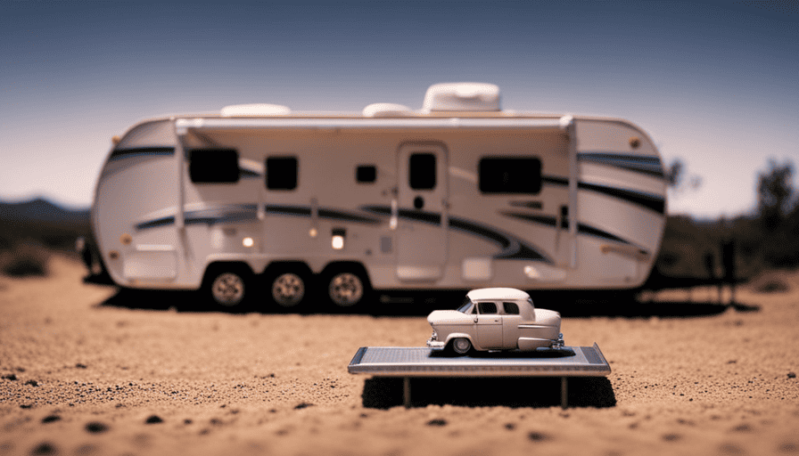 An image showcasing a 30 ft camper parked on a scale, with a weight measurement displayed on the scale