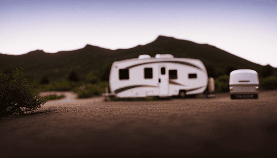 An image showcasing a 30ft camper surrounded by a picturesque landscape