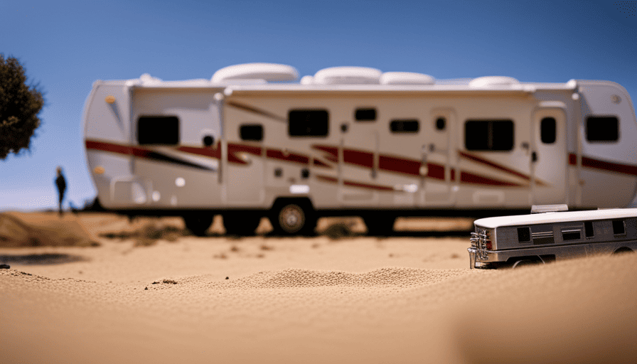 An image capturing a 40-foot camper parked on a sturdy scale, revealing its weight