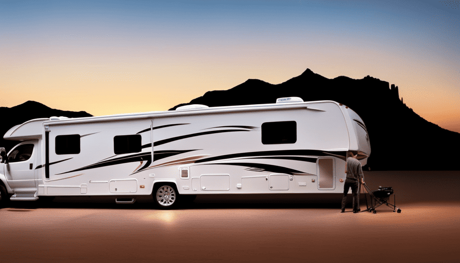 An image showcasing a 5th wheel camper in high detail, capturing its weight-related elements